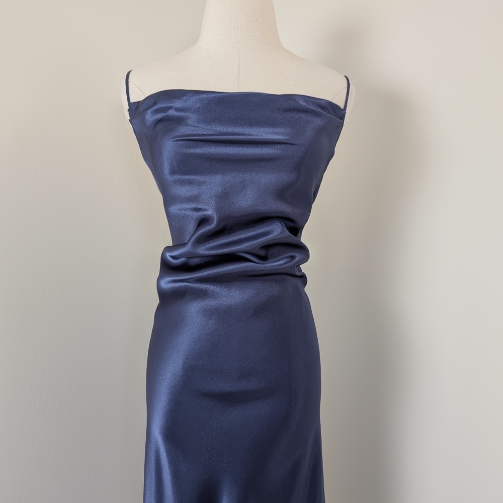 90s Navy Maxi Satin Slip Cowl Neckline Spaghetti Straps Floor Length Open Back - Picture 10 of 14